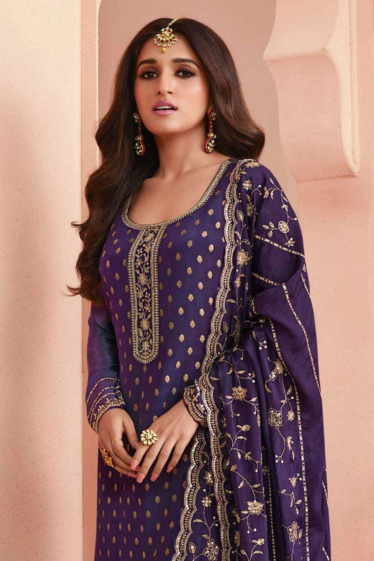 Nidhi shah Purple Color Lovely Dola Silk Salwar Suit