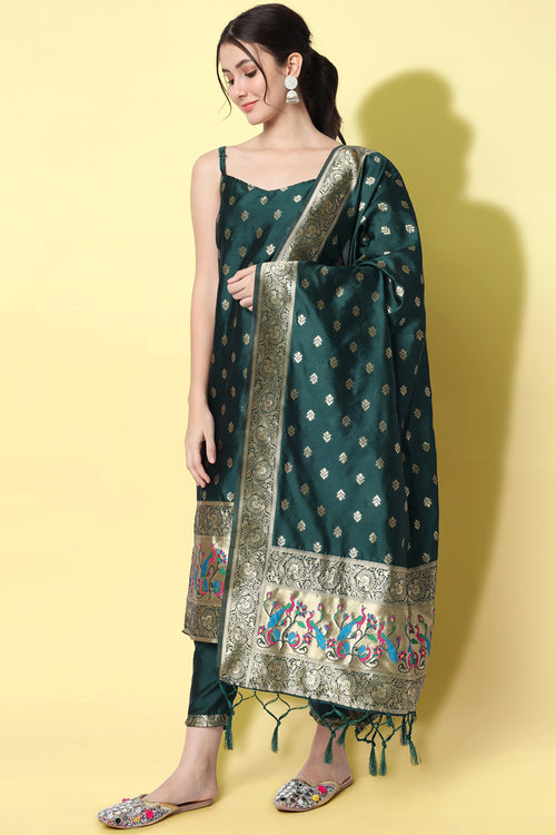 Attractive Dark Green Jacquard Silk Weaving Work Salwar Suit With Banarasi Silk Dupatta