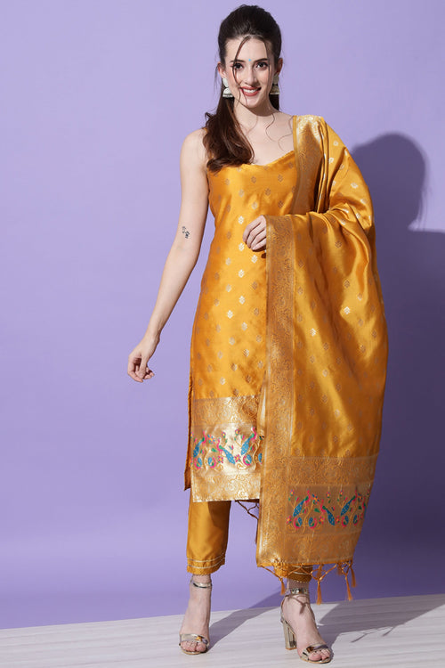 Mustard Jacquard Silk Weaving Work Salwar Kameez With Banarasi Silk Dupatta