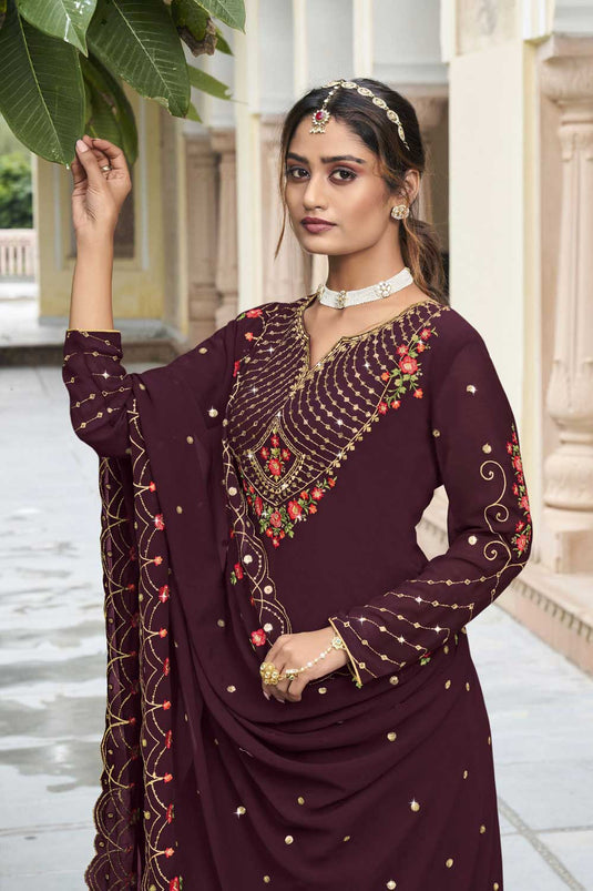 Wine Color Inventive Sharara Suit In Georgette Fabric