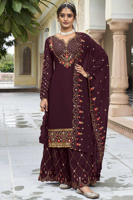 Wine Color Inventive Sharara Suit In Georgette Fabric