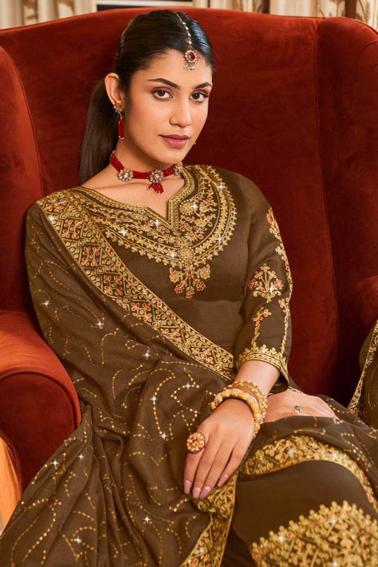 Engaging Brown Color Vichitra Fabric Pakistani Replica Suit