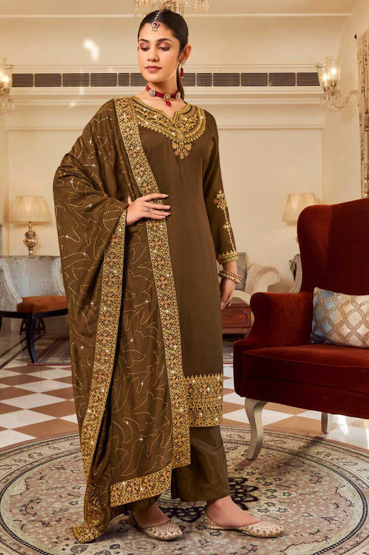 Engaging Brown Color Vichitra Fabric Pakistani Replica Suit