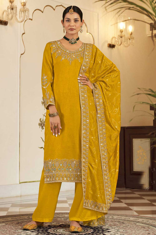 Vichitra Fabric Yellow Color Trendy Pakistani Replica Suit