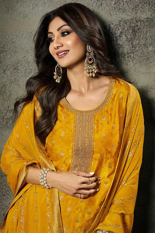 Shilpa Shetty Embroidered Jacquard Fabric Designer Straight Cut Long Salwar Kameez