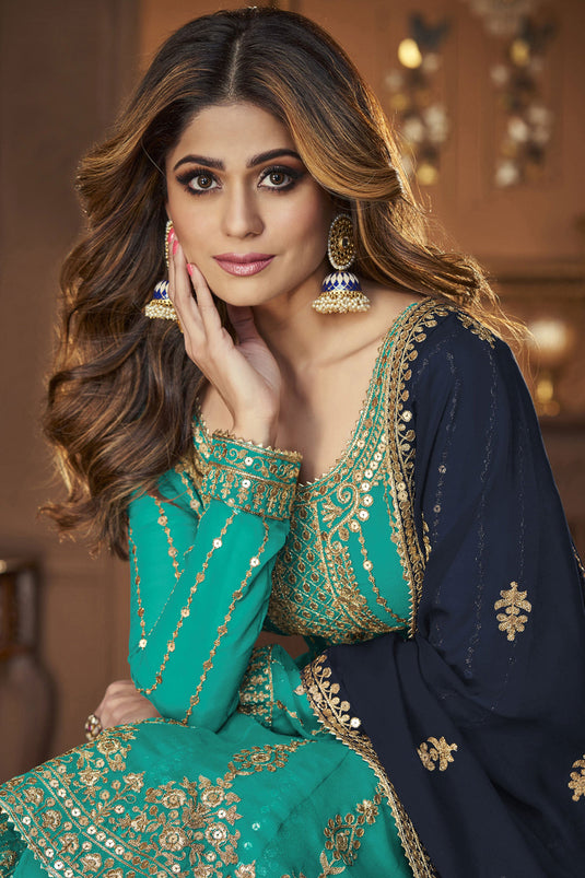 Shamita Shetty Dazzling Sea Green Color Sharara Top Lehenga In Georgette Fabric