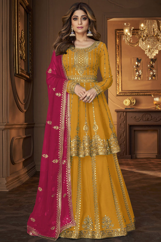 Shamita Shetty Entrancing Georgette Fabric Sharara Top Lehenga In Yellow Color