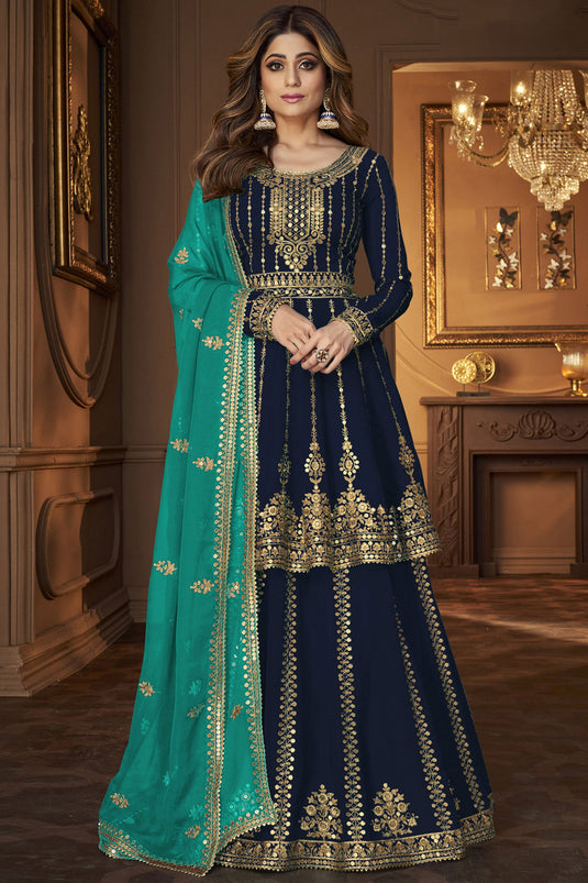 Shamita Shetty Mesmeric Navy Blue Color Sharara Top Lehenga In Georgette Fabric