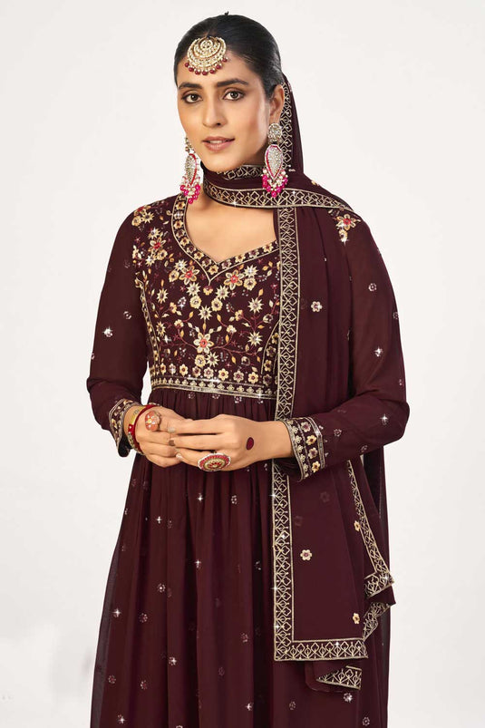 Classic Brown Color Function Wear Georgette Pakistani Replica Suit