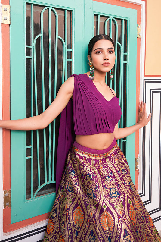 Purple Color Fascinating Weaving Designs Banarasi Silk Lehenga