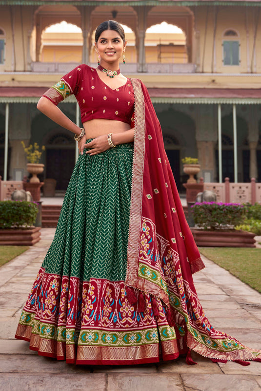 Art Silk Fabric Green Color Stylish Look Patola Style Foil Printed Lehenga