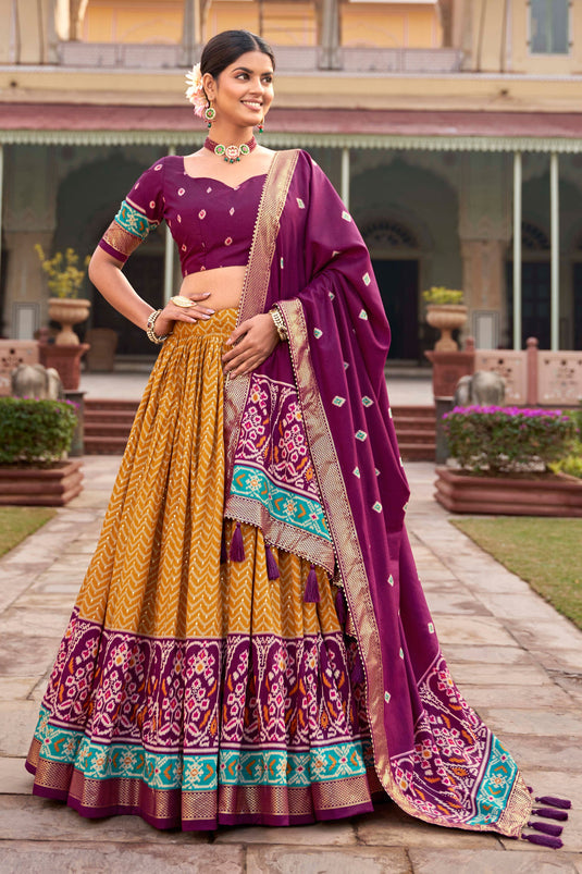 Art Silk Fabric Mustard Color Beatific Look Patola Style Foil Printed Lehenga