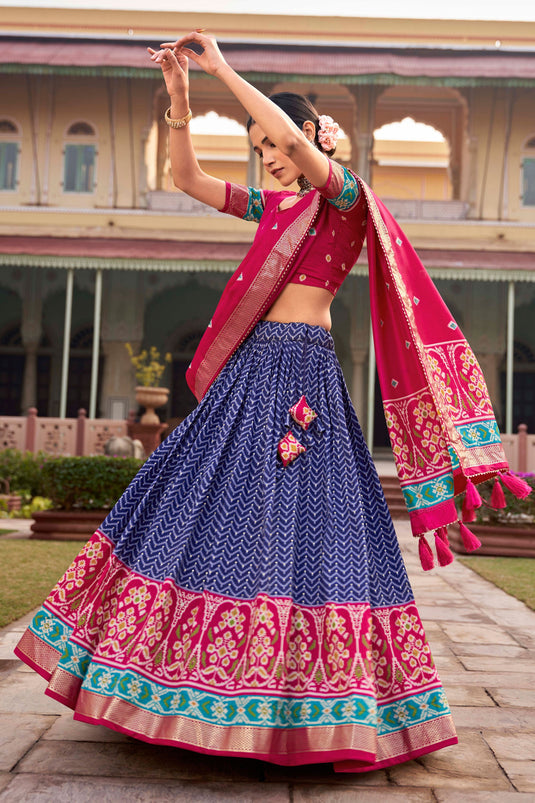 Fabulous Art Silk Fabric Blue Color Patola Style Foil Printed Lehenga