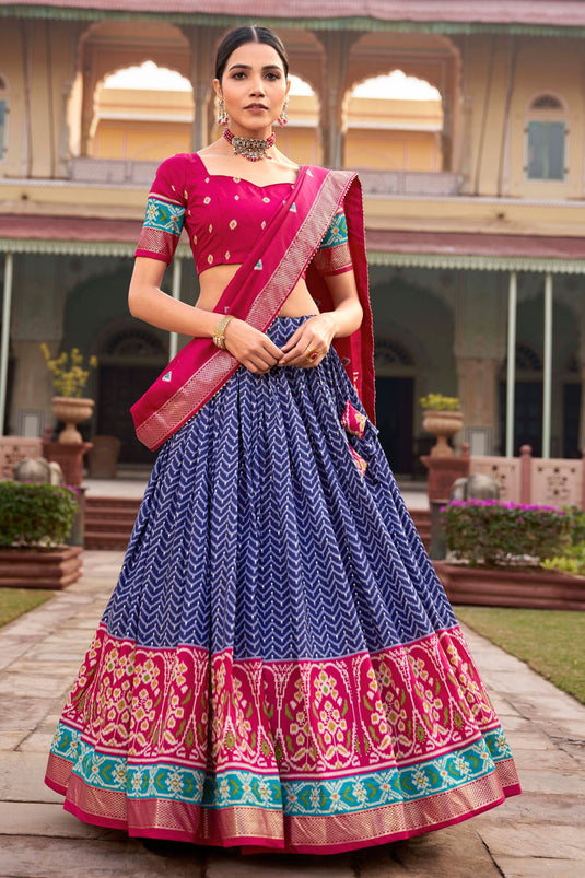 Fabulous Art Silk Fabric Blue Color Patola Style Foil Printed Lehenga