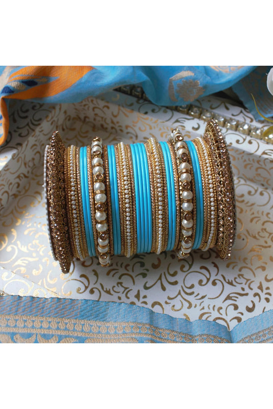 Alloy Material Cyan Color Graceful Bridal Bangle Set With Pacheli Kada