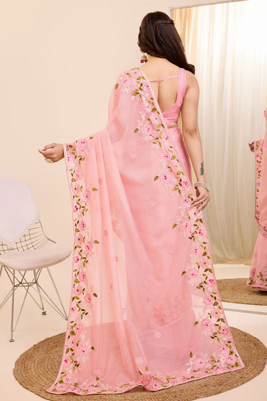 Peach Color Glorious Festive Wear Art Silk Saree With Embroidered Work