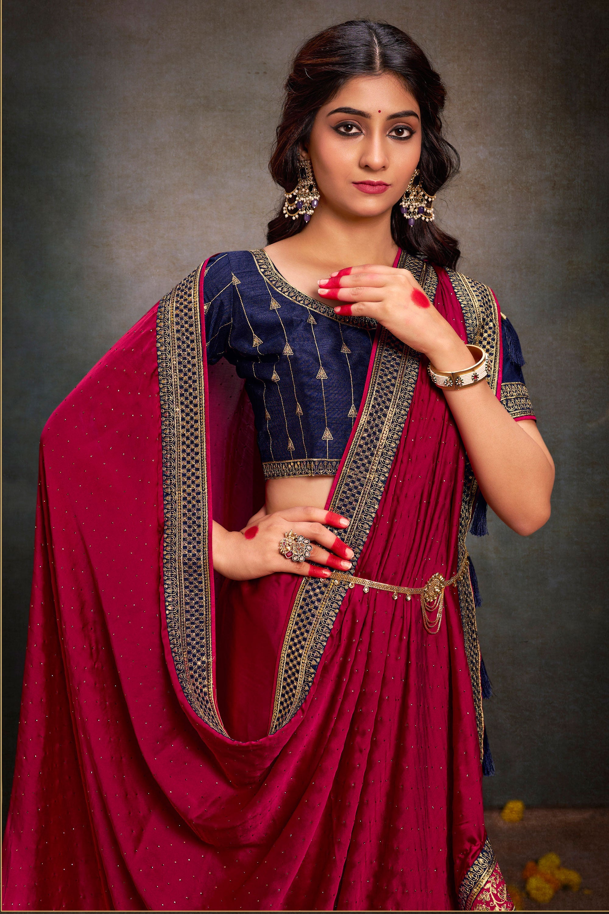 Sarara Rani Color Fashionable Rani Color Border Work Satin Fabric Saree
