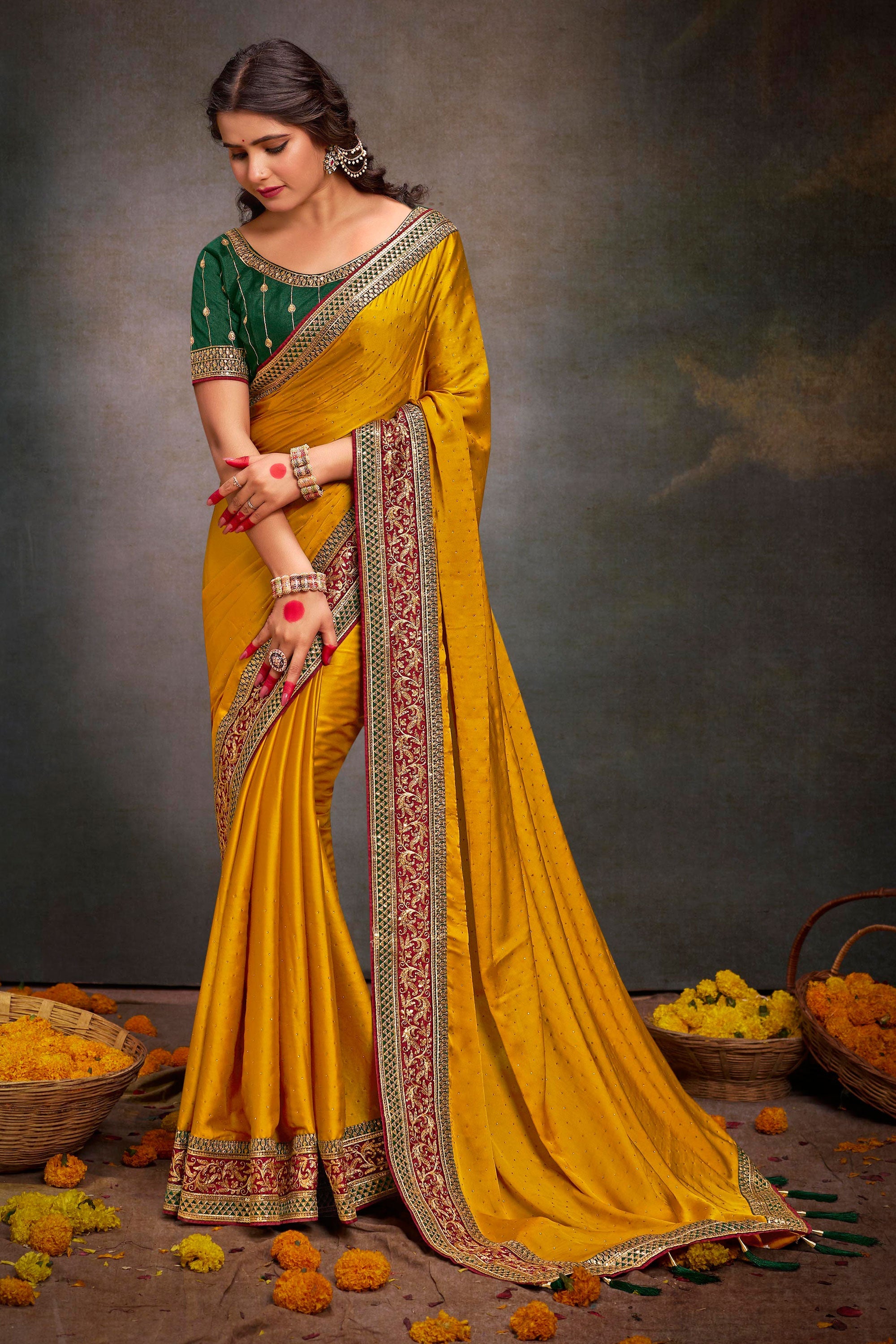 Mustard Color Gorgeous Border Work Satin Fabric Saree – Sarees Bazaar