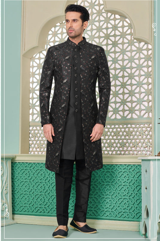 Black Color Readymade Banarasi Silk Fabric Nawabi Style Indo Western