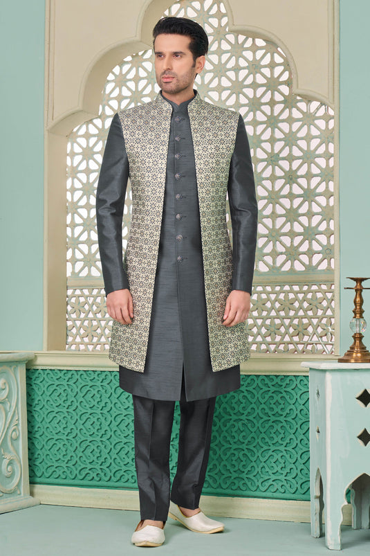 Grey Color Vintage Banarasi Silk Readymade Nawabi Style Indo Western