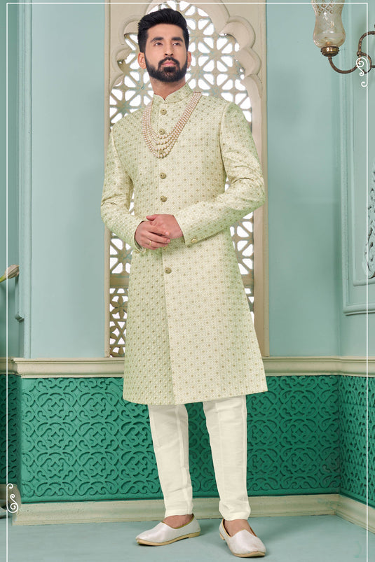 Cream Color Banarasi Silk Fabric Striking Readymade Nawabi Men's Sherwani