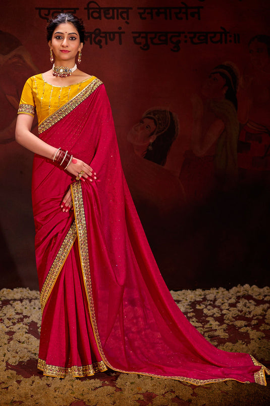 Pink Color Fascinating  Border Work Fancy Fabric Saree