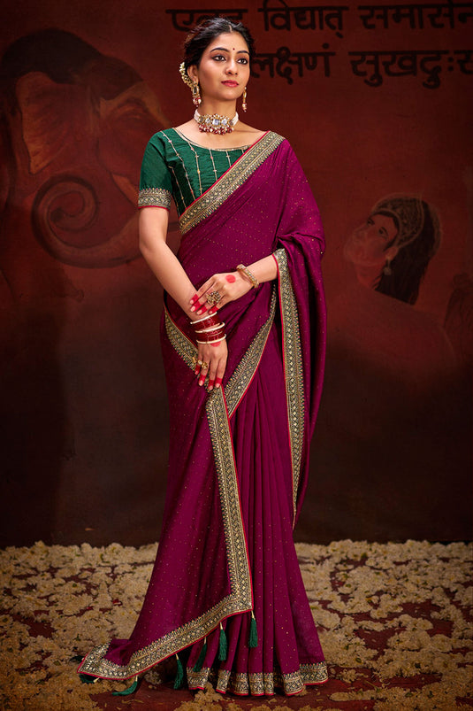 Glamorous Purple Color Border Work Fancy Fabric Saree