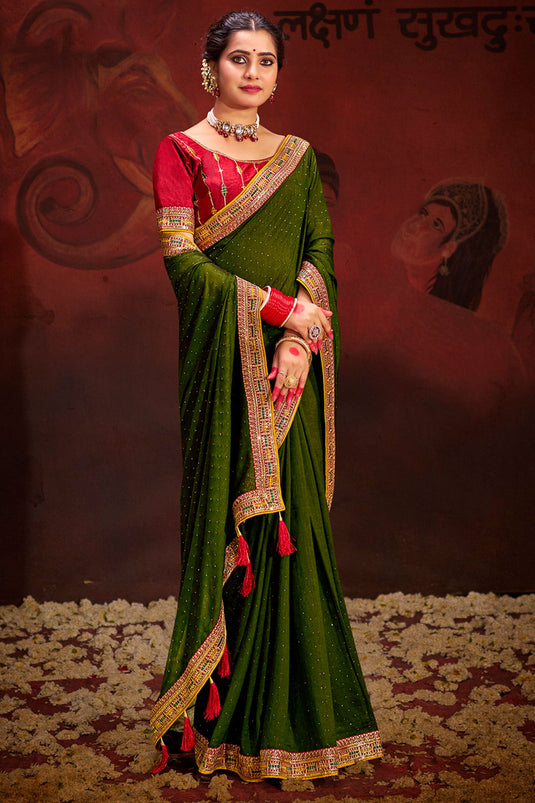 Mehendi Green Color Gorgeous Border Work Fancy Fabric Saree