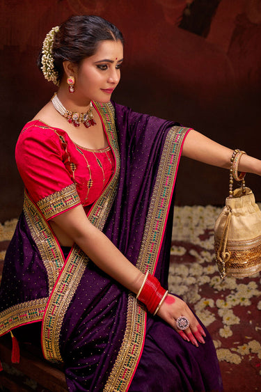 Glorious Border Work Fancy Fabric Purple Color Saree