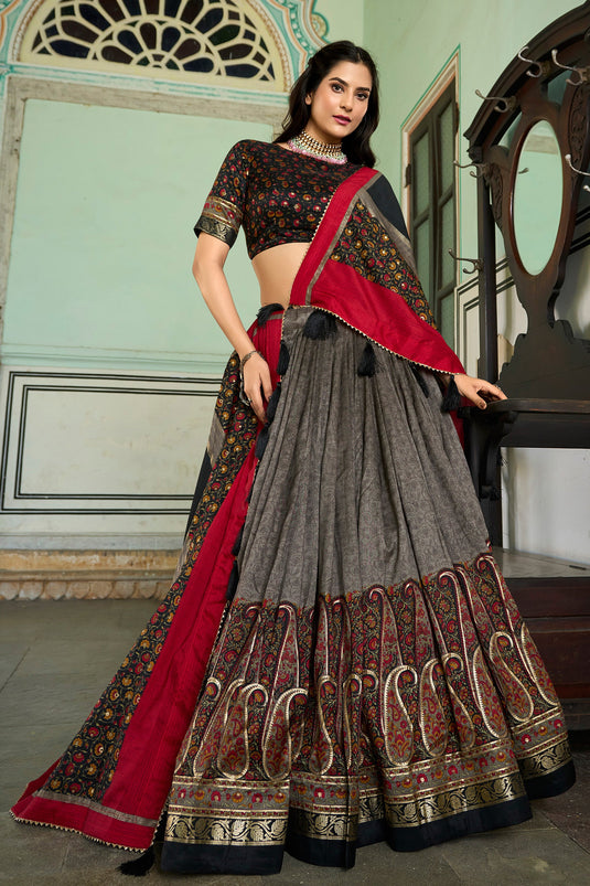 Grey Color Alluring Kashmiri Printed Lehenga Choli In Art Silk Fabric