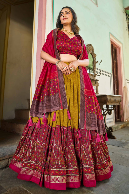 Kashmiri Printed Art Silk Function Wear Ravishing Lehenga In Mustard Color