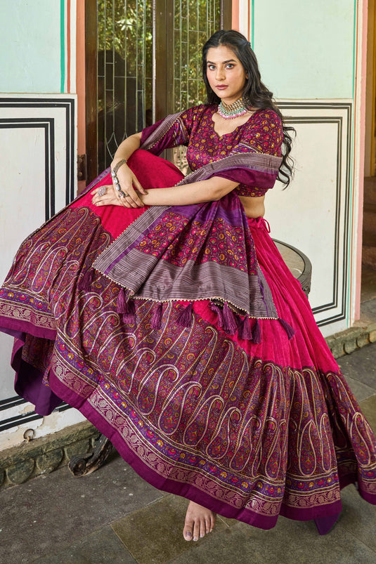 Function Wear Rani Color Kashmiri Printed Lovely Lehenga In Art Silk Fabric