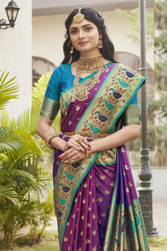 Phenomenal Meenakari Work Wine Color Paithani Silk Saree