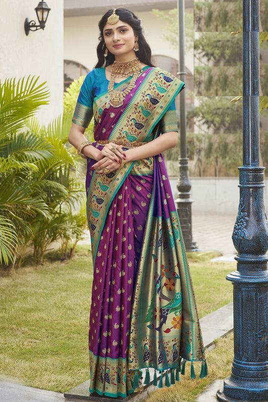 Phenomenal Meenakari Work Wine Color Paithani Silk Saree