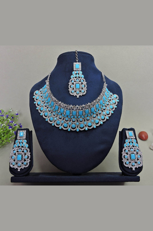 Blue Color Special Alloy Necklace With Earrings and Mang Tikka