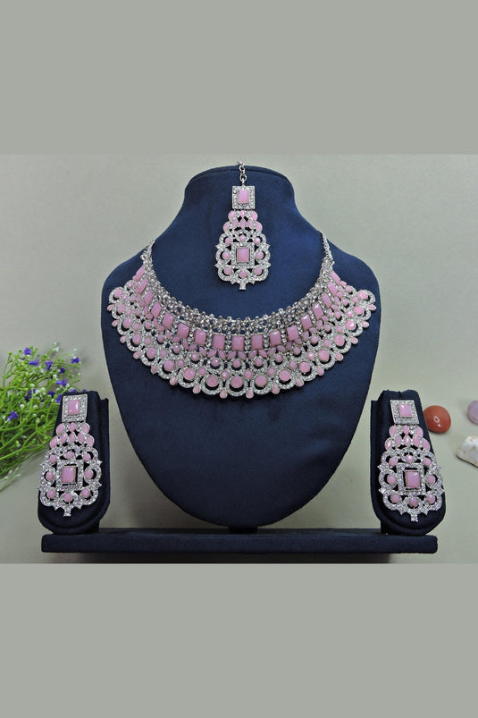 Pink Color Chic Alloy Necklace With Earrings and Mang Tikka