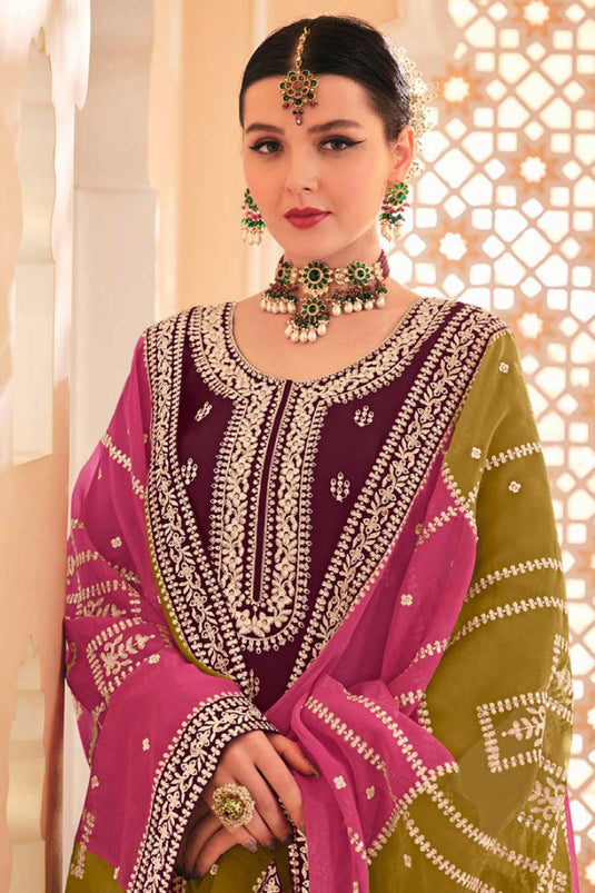 Alluring Chinon Fabric Wine Color Pakistani Replica Suit