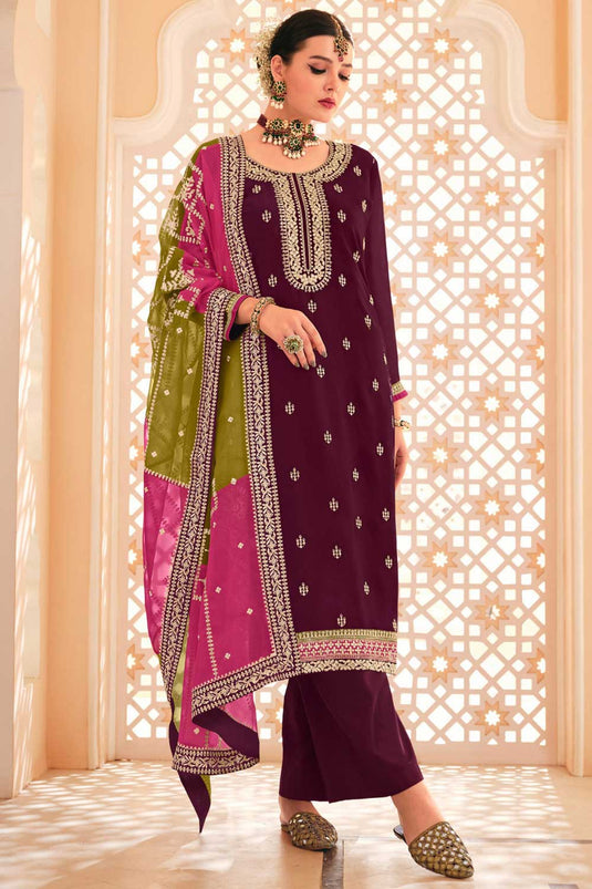 Alluring Chinon Fabric Wine Color Pakistani Replica Suit