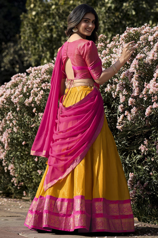 Mustard Color Alluring Kanchipuram With Zari Weaving Lehenga Choli In Art Silk Fabric