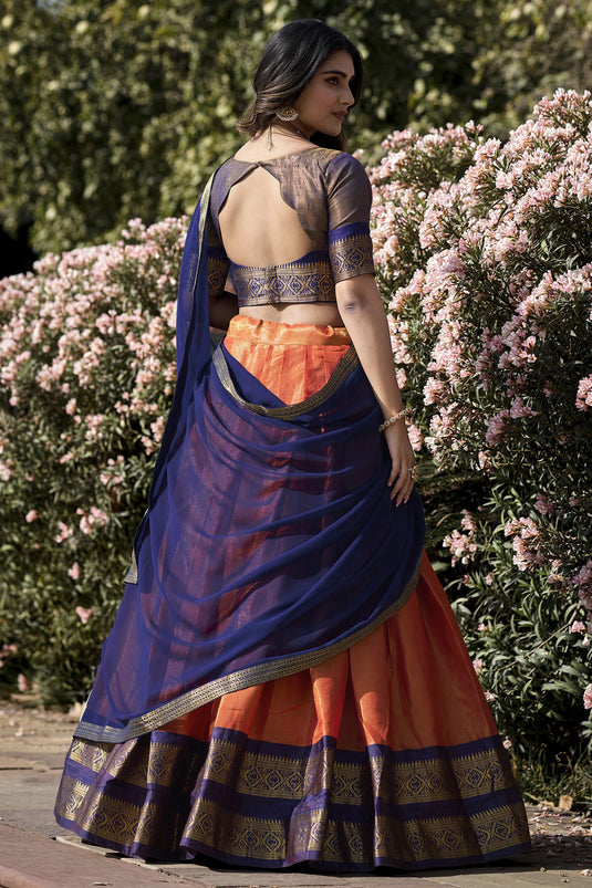 Kanchipuram With Zari Weaving Art Silk Function Wear Ravishing Lehenga In Orange Color