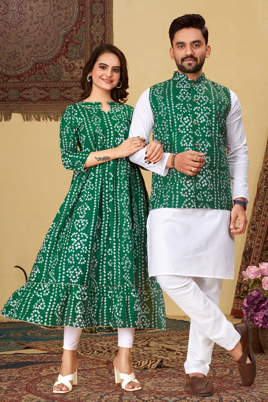 Elegant Cotton Fabric Green Color Readymade Kurta Pyjama With Bandhani Print Jacket Set
