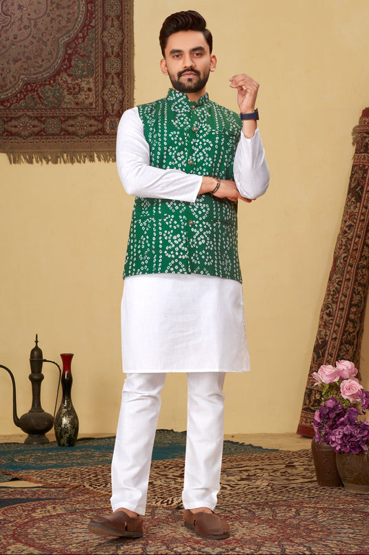 Elegant Cotton Fabric Green Color Readymade Kurta Pyjama With Bandhani Print Jacket Set