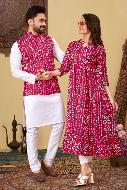 Traditional Pink Color Cotton Kurta Pyjama With Bandhani Print Jacket For Men