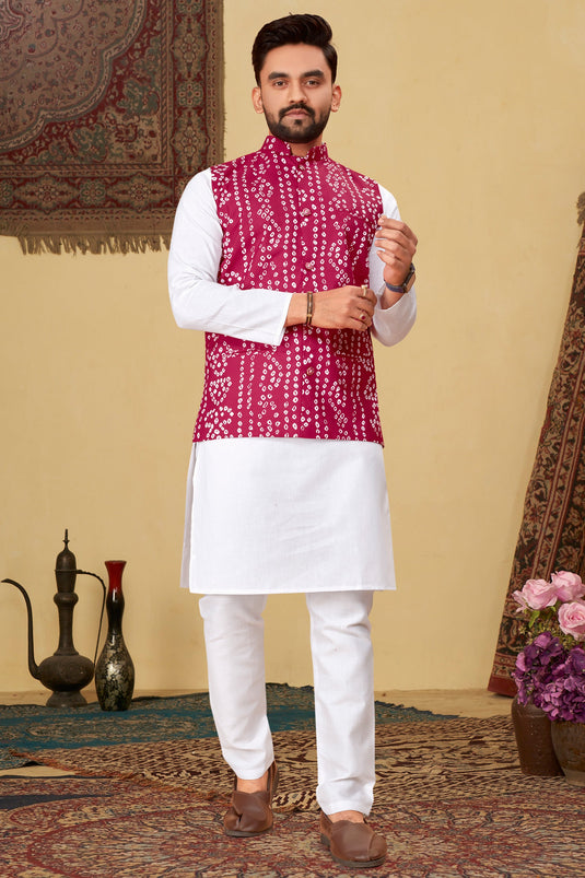 Traditional Pink Color Cotton Kurta Pyjama With Bandhani Print Jacket For Men