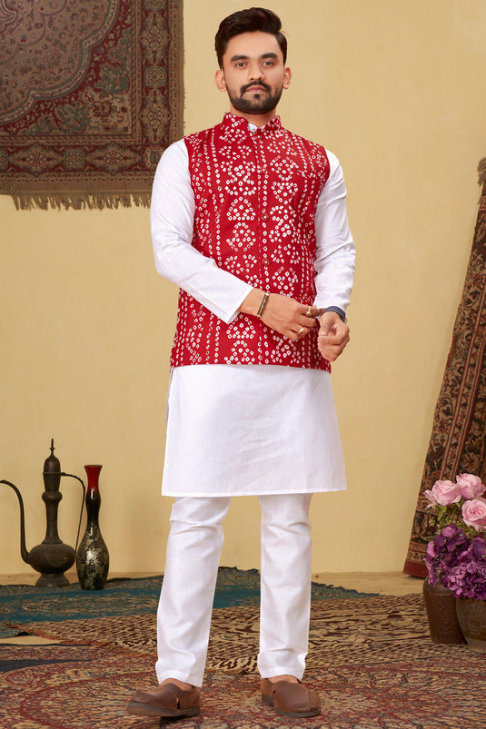 Festive Fashion Cotton Fabric Red Color Readymade Kurta Pyjama With Bandhani Print Jacket