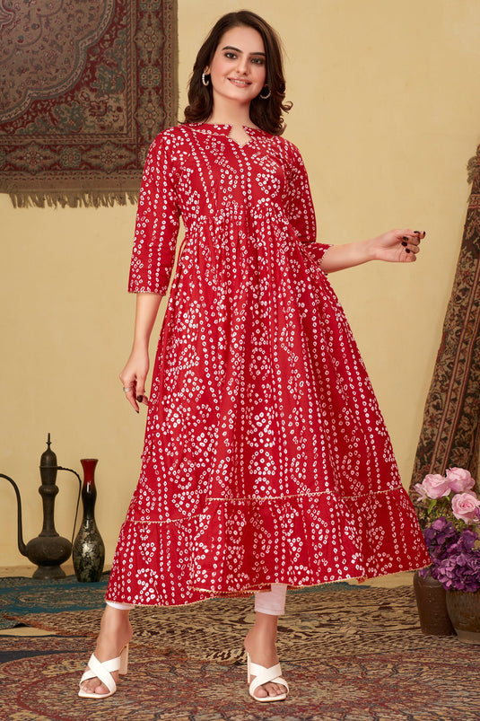 Embellished Red Color Cotton Fabric Readymade Bandhani Printed Kurti With Bottom