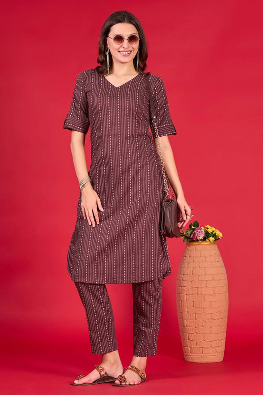 Incredible Cotton Fabric Brown Color Readymade Casual Kurti With Bottom