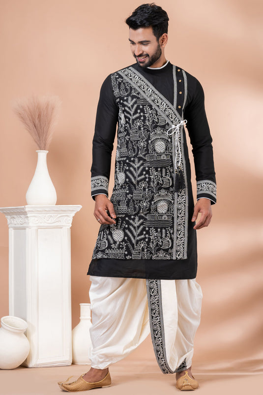 Embroidery Pretty Viscose Fabric Sangeet Wear Readymade Men Kurta Pyjama In Black Color