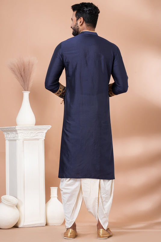 Viscose Fabric Reception Wear Attractive Embroidery Readymade Men Kurta Pyjama In Navy Blue Color