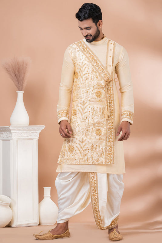 Beige Color Function Wear Readymade Glamorous Embroidery Kurta Pyjama For Men In Viscose Fabric